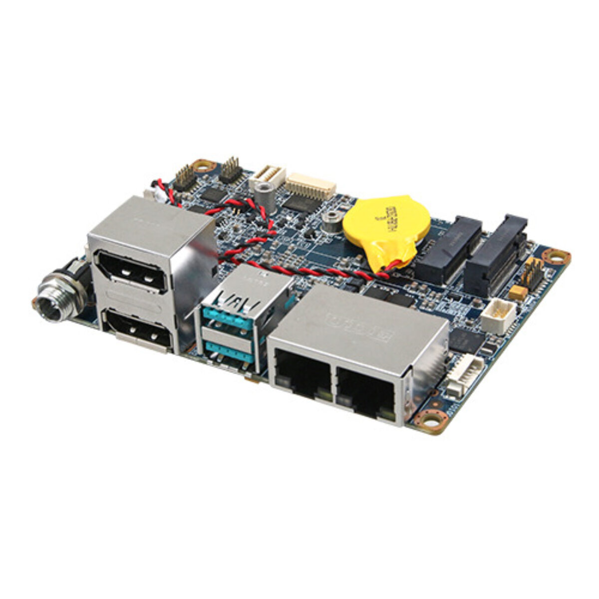 Avalue EPX-EHLP 2.5" Pico-ITX SBC, angled view with stacked DisplayPort, USB and dual RJ-45