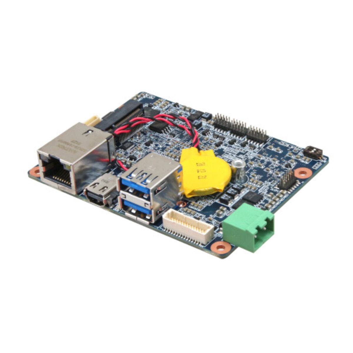 Avalue EZX-EHLP 1.8" SBC, angled view with RJ-45, Mini DisplayPort, USB and green power terminal