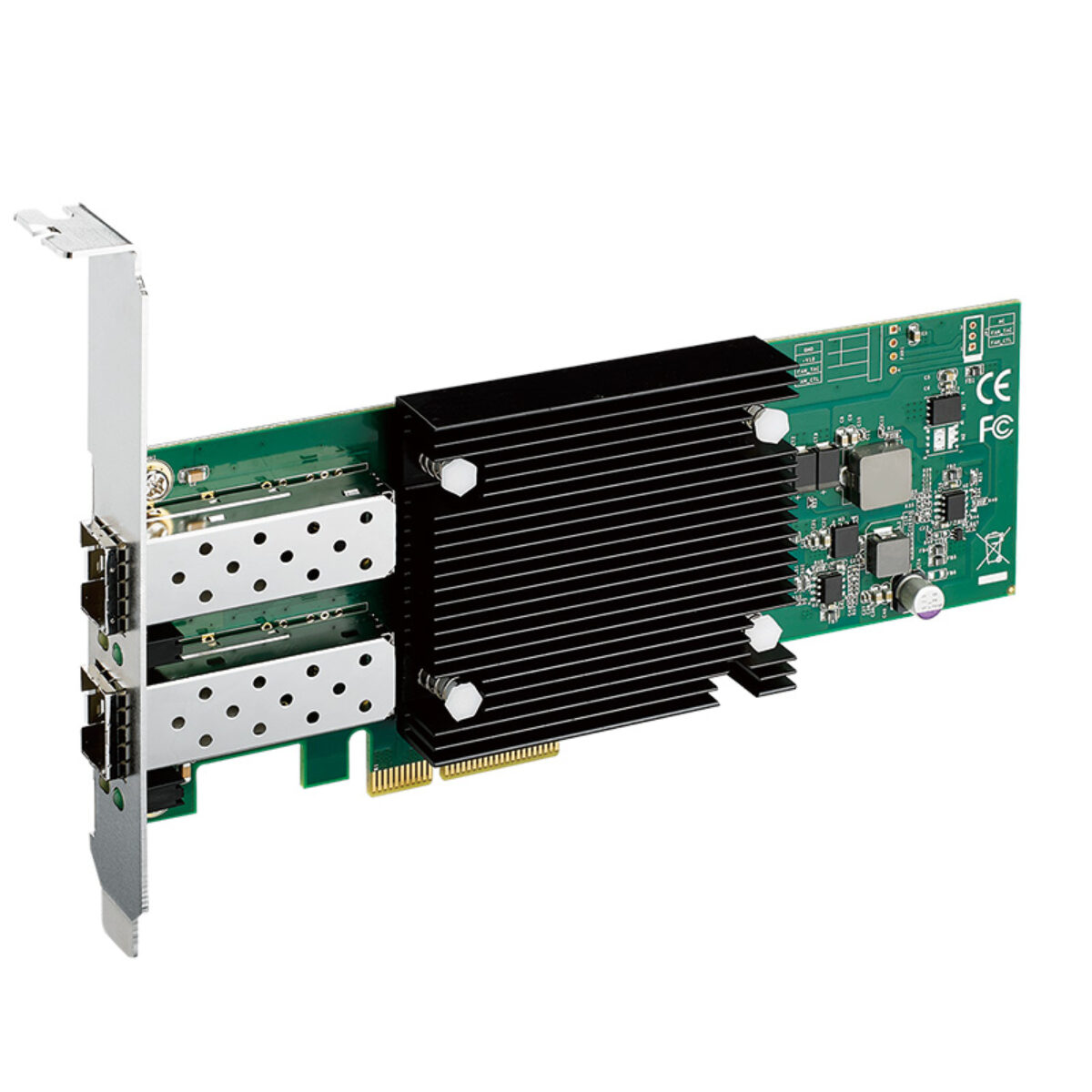 Vecow FE-1071 10GbE SFP+ LAN card, angled view with two SFP+ cages, black heat sink and full-height bracket