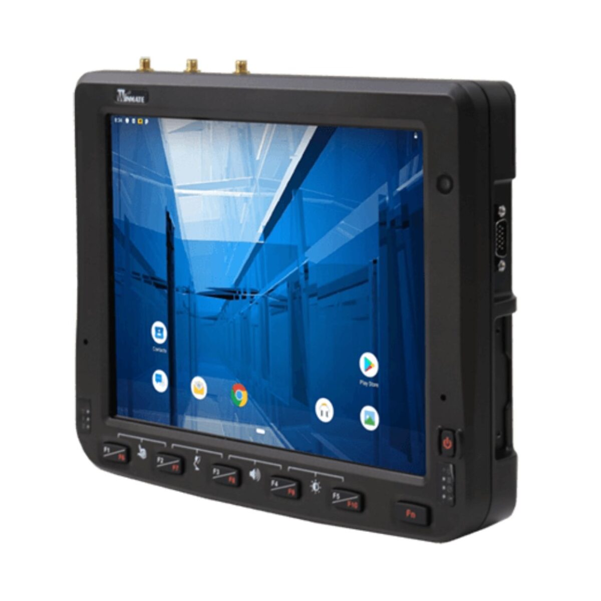 Winmate FM10Q-V vehicle mount computer, front three-quarter view with function keys and top antenna connectors