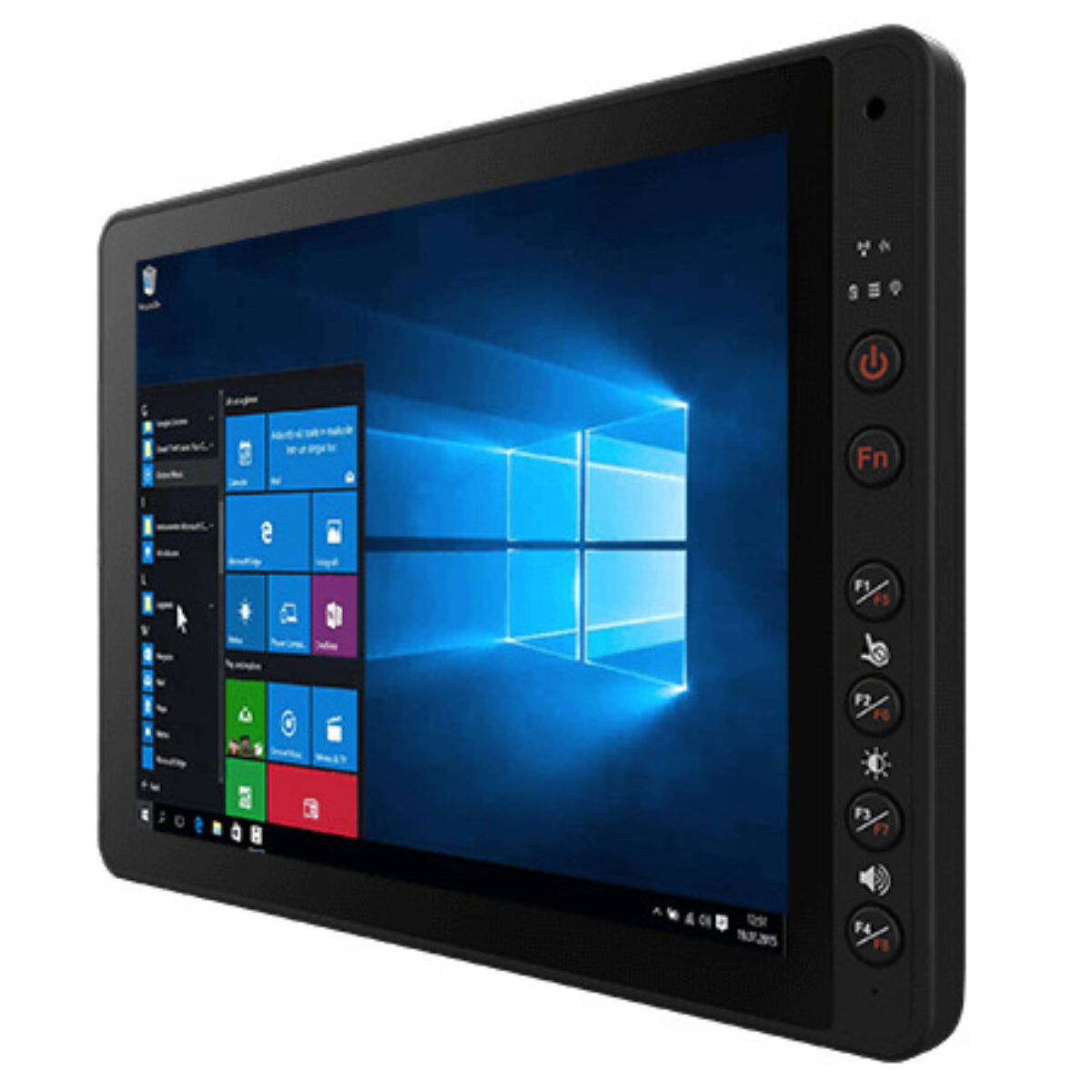 Winmate FM12E-V vehicle mount computer, angled front view with function keys down the right bezel