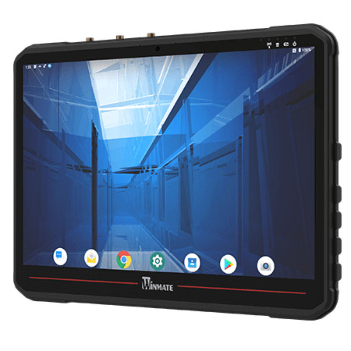 Winmate FM14Q-V vehicle mount computer, front three-quarter view of the widescreen display with red accent strip