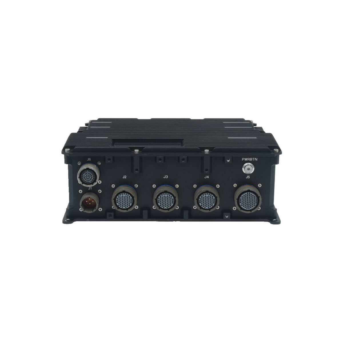 Diamond Systems GEODE modular mission computer, front panel with five circular connectors and power button