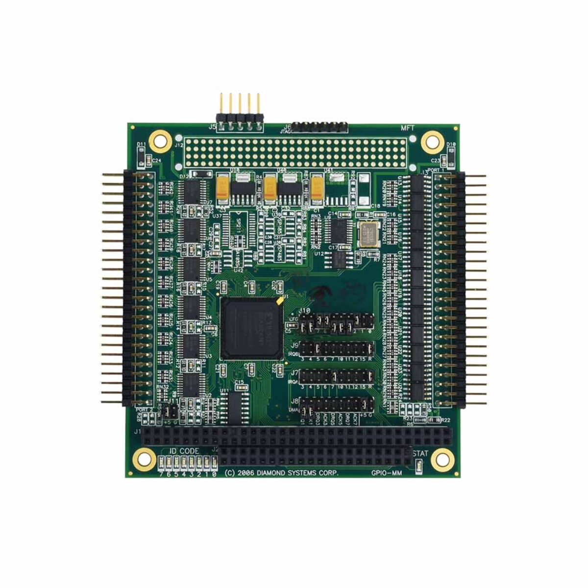 Diamond Systems GPIO-MM-XT PC/104 digital I/O module, top view with two I/O headers, ISA stack connector and jumper blocks