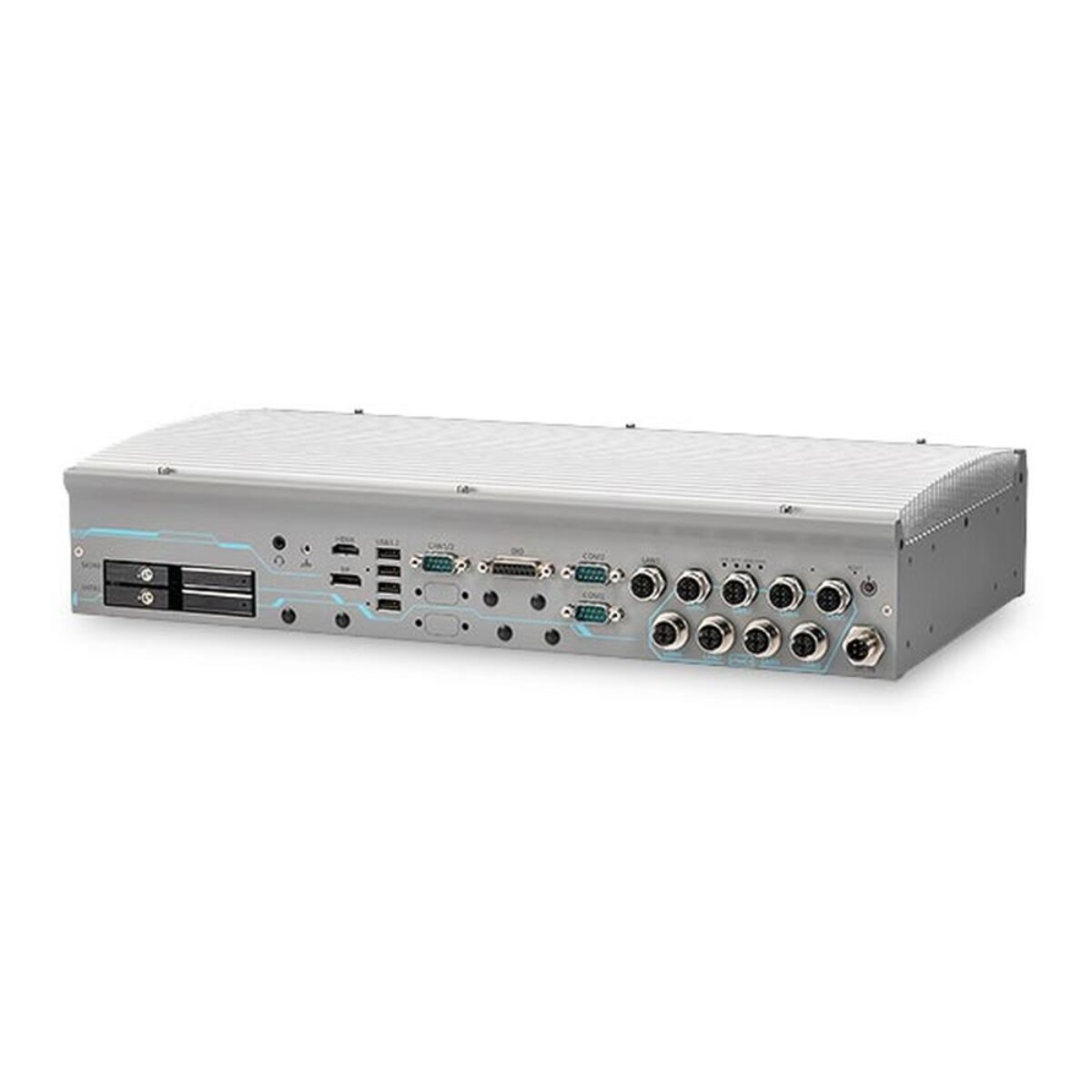 Neousys GT-92GC fanless rackmount GPU computer, angled view of finned aluminum top and front I/O panel with M12 connectors