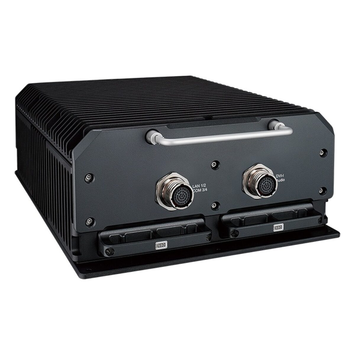 Vecow HEC-1000 MIL-STD rugged computer, angled view of the black finned chassis with MIL-DTL-38999 connectors and handle