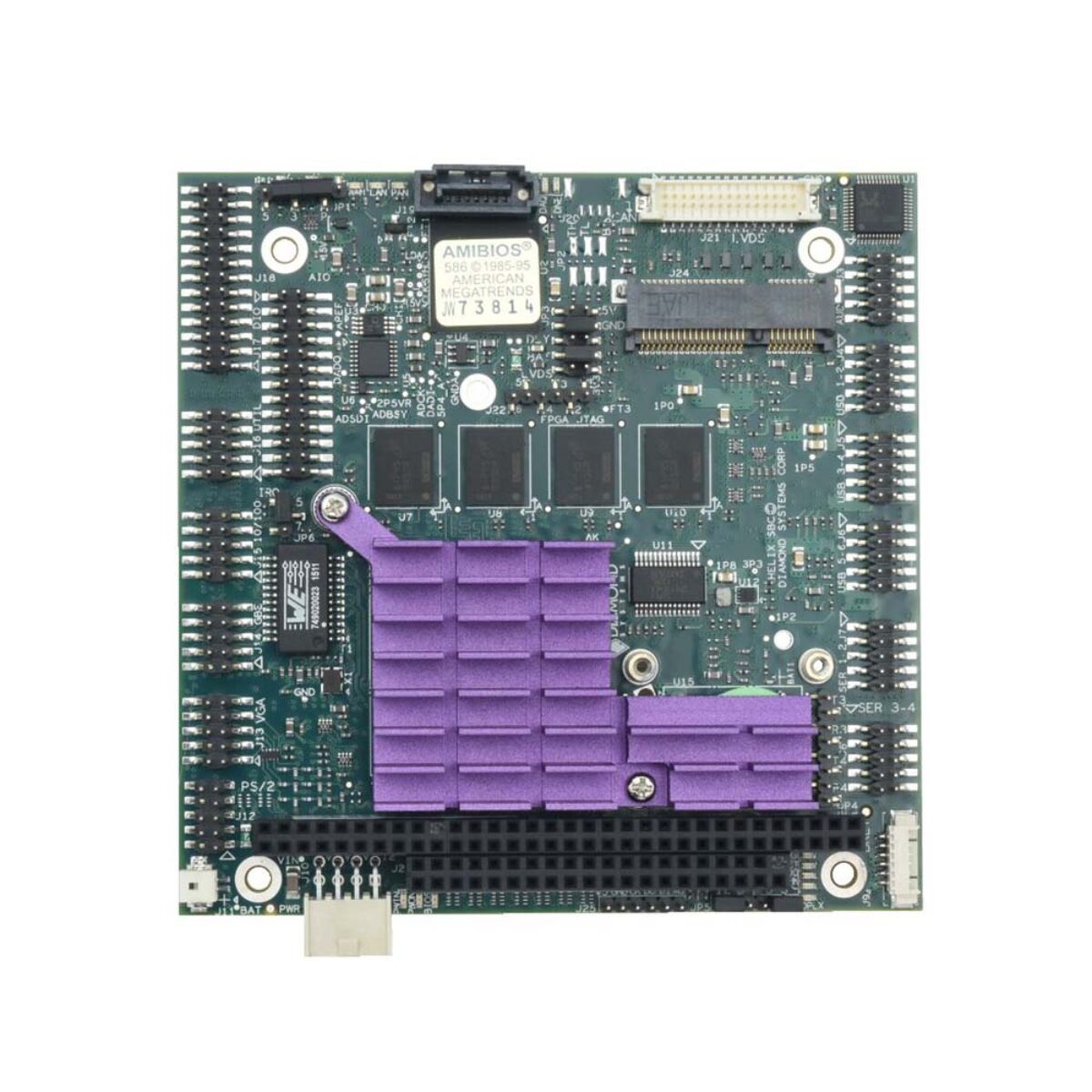 Diamond Systems HELIX PC/104 SBC, top view with purple heat sink and soldered memory