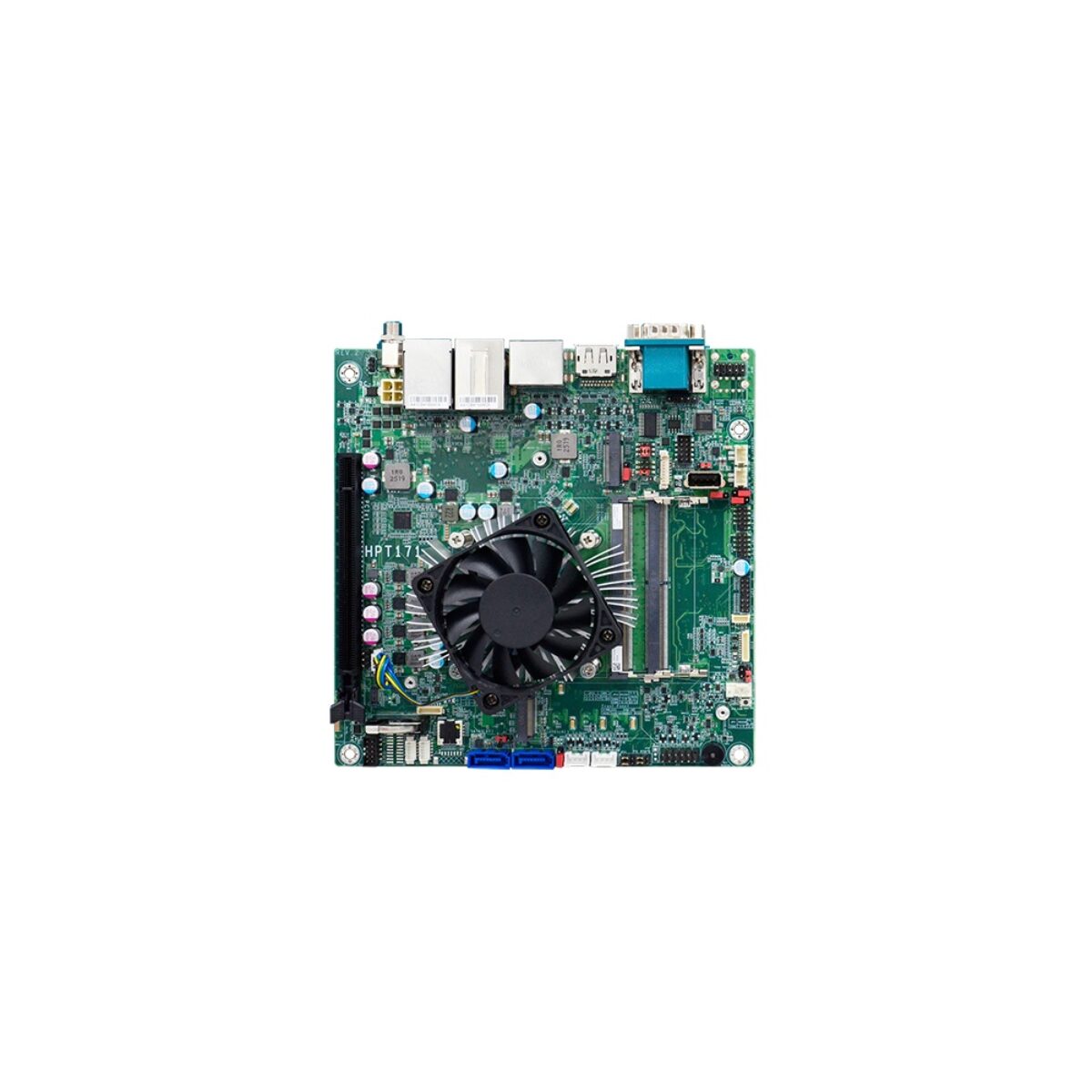 DFI HPT171 Mini-ITX motherboard, top view with fan cooler, SO-DIMM slots, PCIe x16 slot, SATA ports and COM on the rear edge