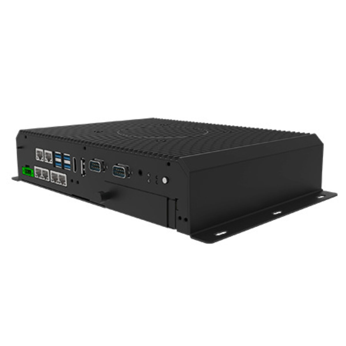 Winmate I330EAC-ITW-6L fanless box PC, angled view of the finned black chassis, LAN, USB and COM ports