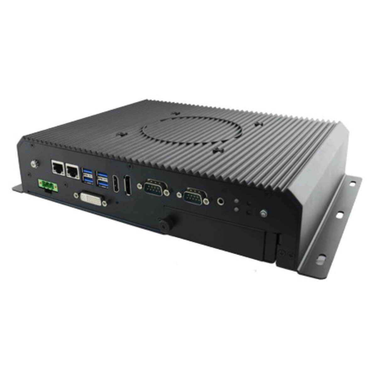 Winmate I330EAC-ITWE fanless box PC, angled view with LAN, USB, DVI, DisplayPort and COM ports