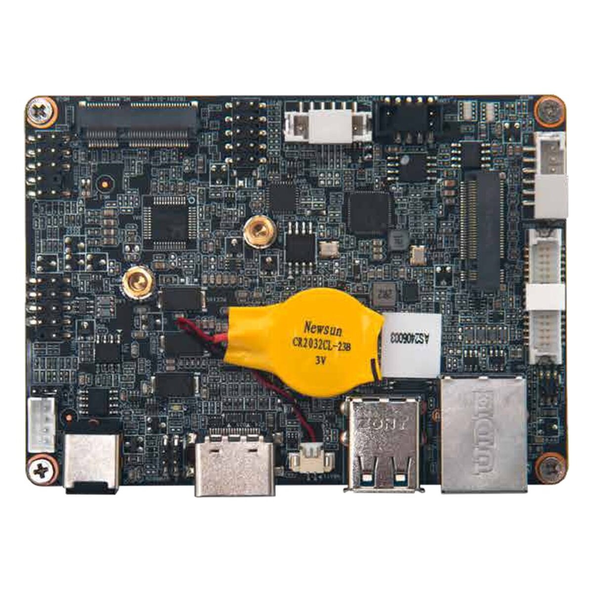 Giada IB2-281 2.5" Pico-ITX SBC, top side with M.2 slot, coin cell battery and USB-C, USB Type-A and RJ45 on the I/O edge