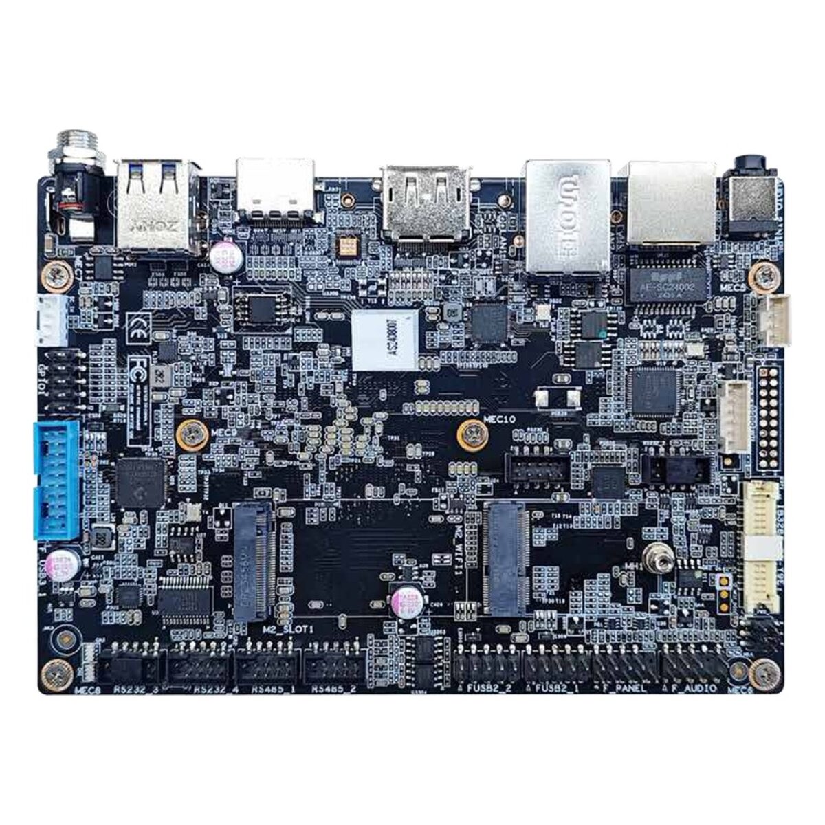 Giada IB3-281 3.5" SBC, top side with two M.2 slots, RS232 and RS485 headers, dual RJ45, DisplayPort and USB