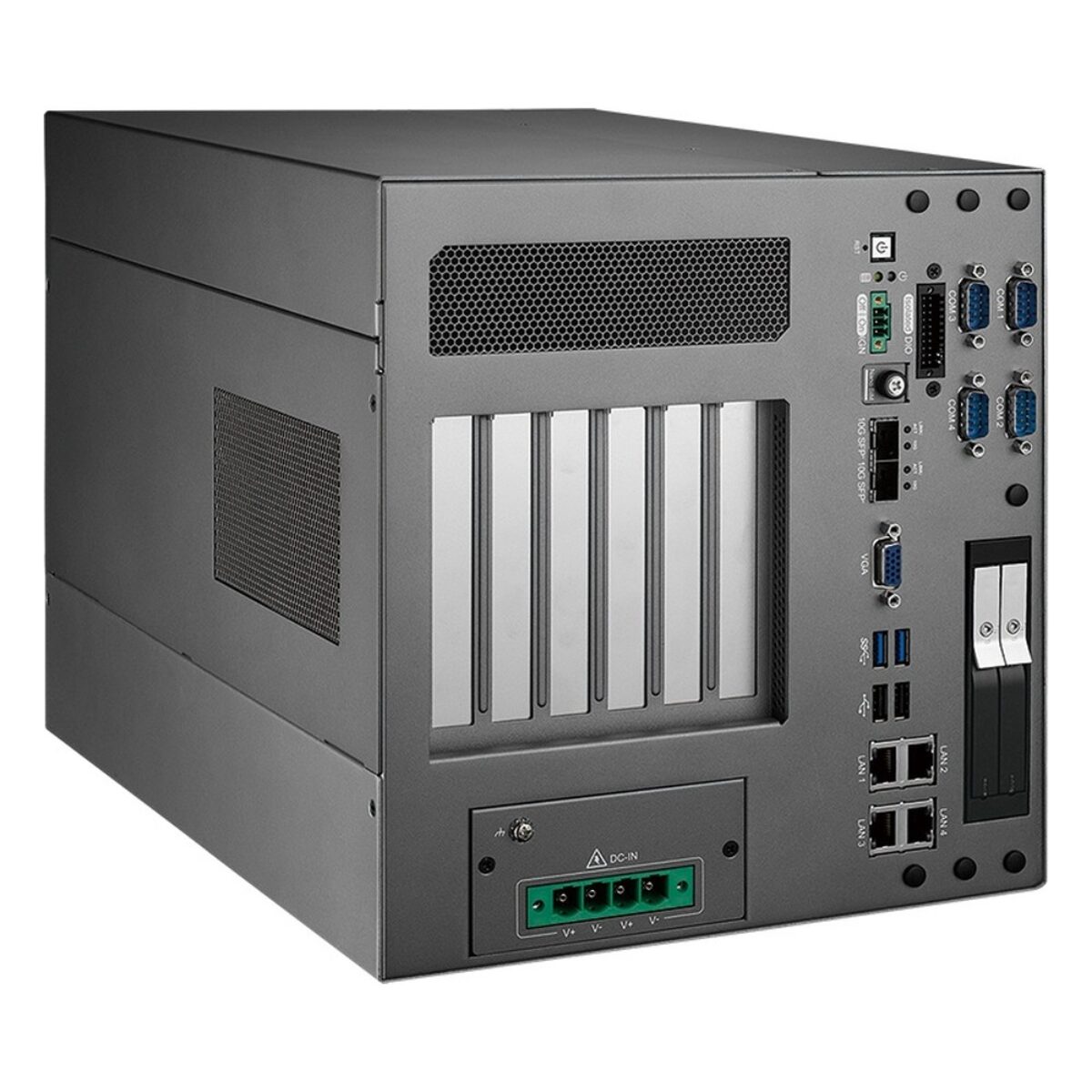 Vecow ICS-1000 GPU edge server, angled view with the PCIe slot bank, front I/O and DC terminal block