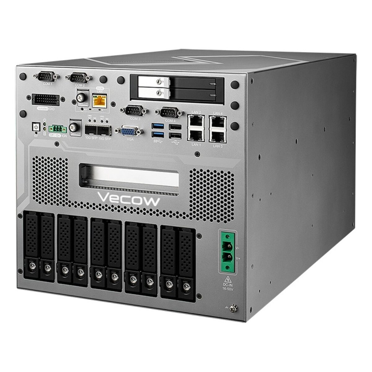 Vecow ICS-1110S edge storage server, angled view with the bank of front-access U.2 NVMe bays