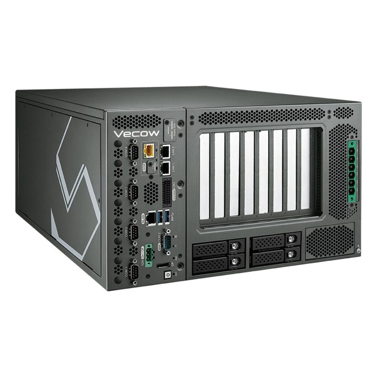 Vecow ICS-2000 AMD EPYC edge AI server, angled view with PCIe GPU slots, U.2 bays and DC terminal block