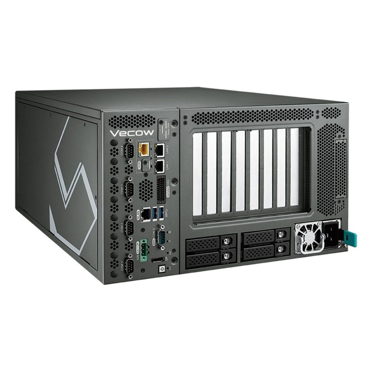 Vecow ICS-2000A AC-powered edge AI server, angled view with PCIe GPU slots and AC inlet