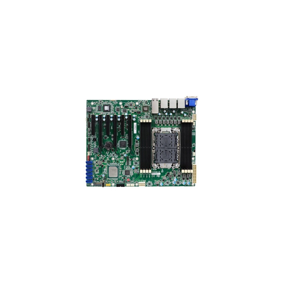 DFI ICX610 ATX server motherboard, top view with CPU socket between eight DIMM slots, PCIe slots and SATA