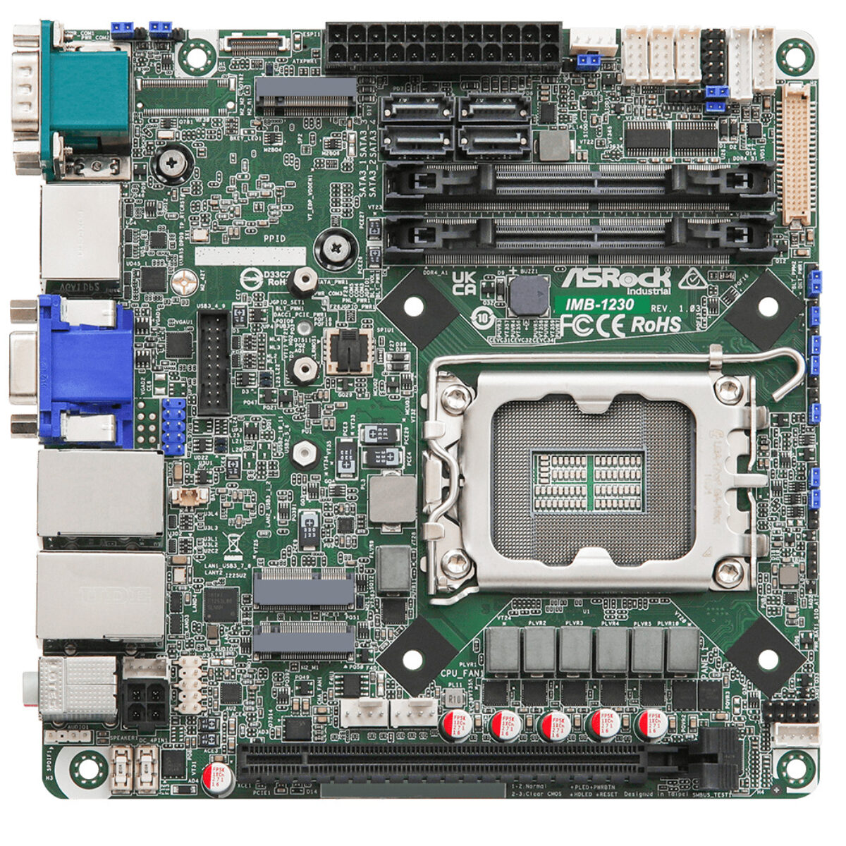 ASRock Industrial IMB-1230 Mini-ITX motherboard, top view with LGA1700 socket, SO-DIMM slots and PCIe x16 slot