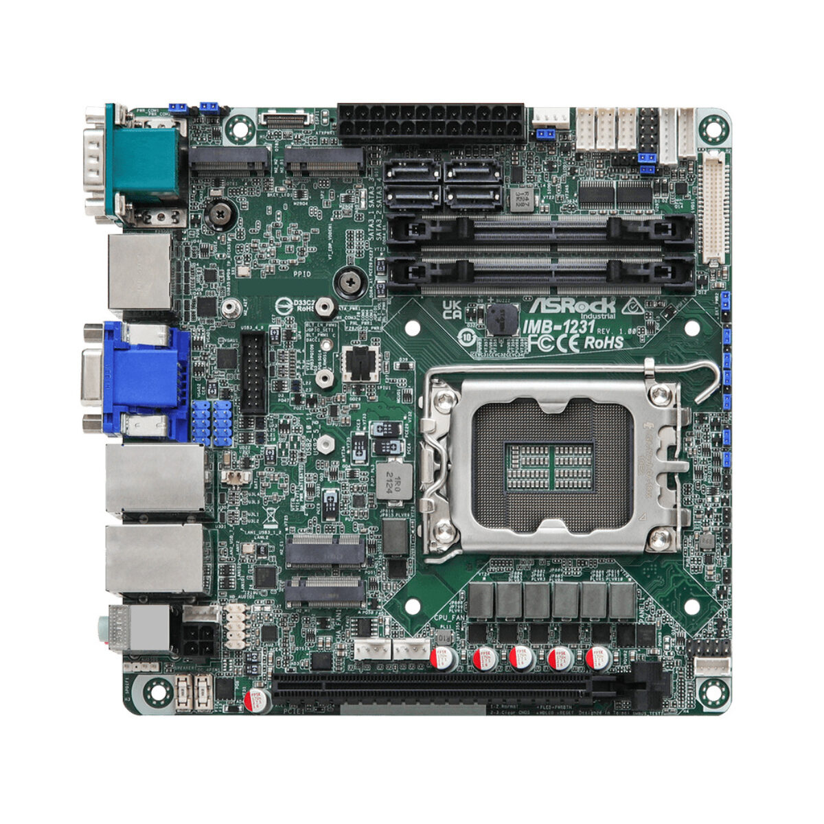 ASRock Industrial IMB-1231 Mini-ITX motherboard, top view with LGA1700 socket, SO-DIMM slots and PCIe x16 slot