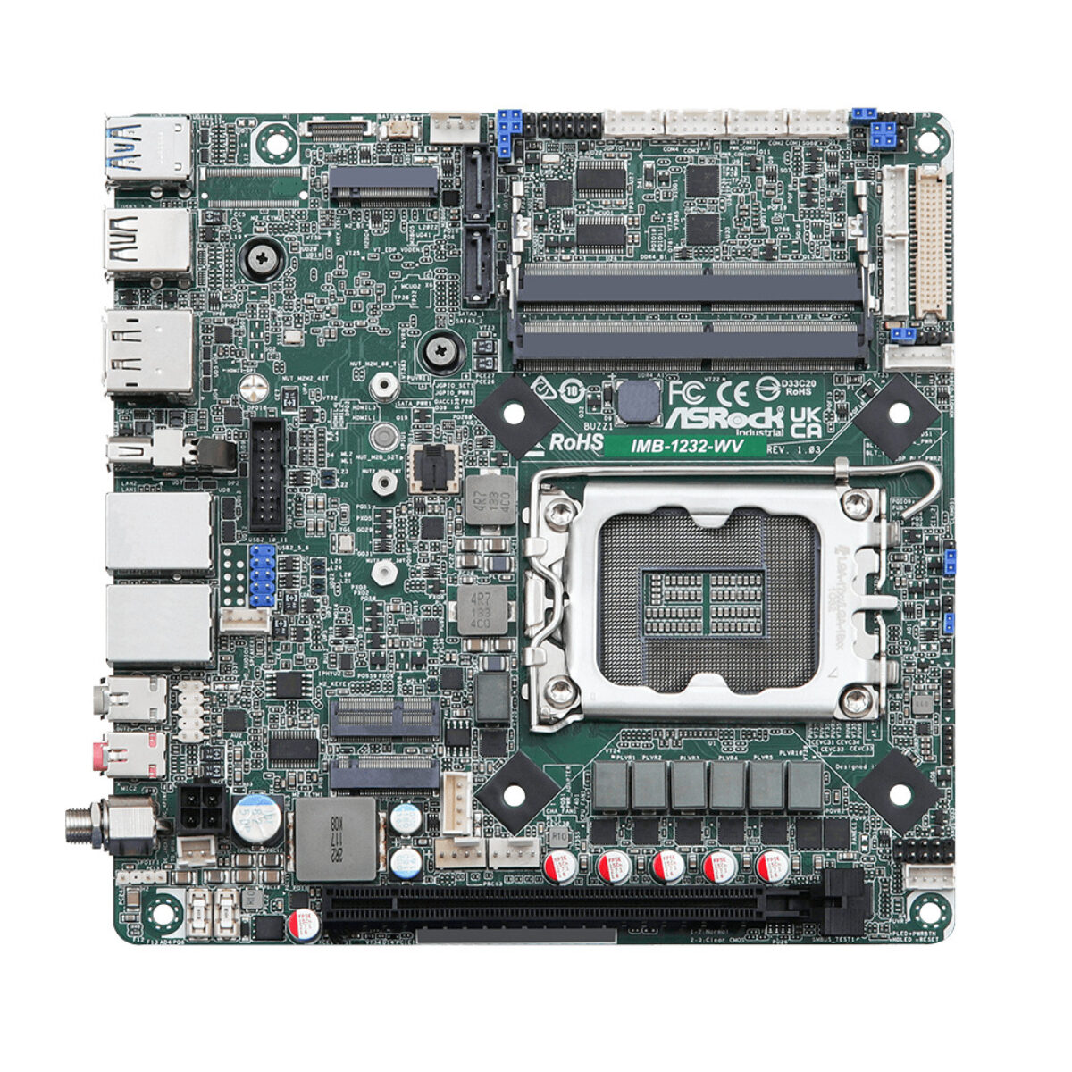 ASRock Industrial IMB-1232-WV Mini-ITX motherboard, top view with LGA1700 socket and SO-DIMM slots