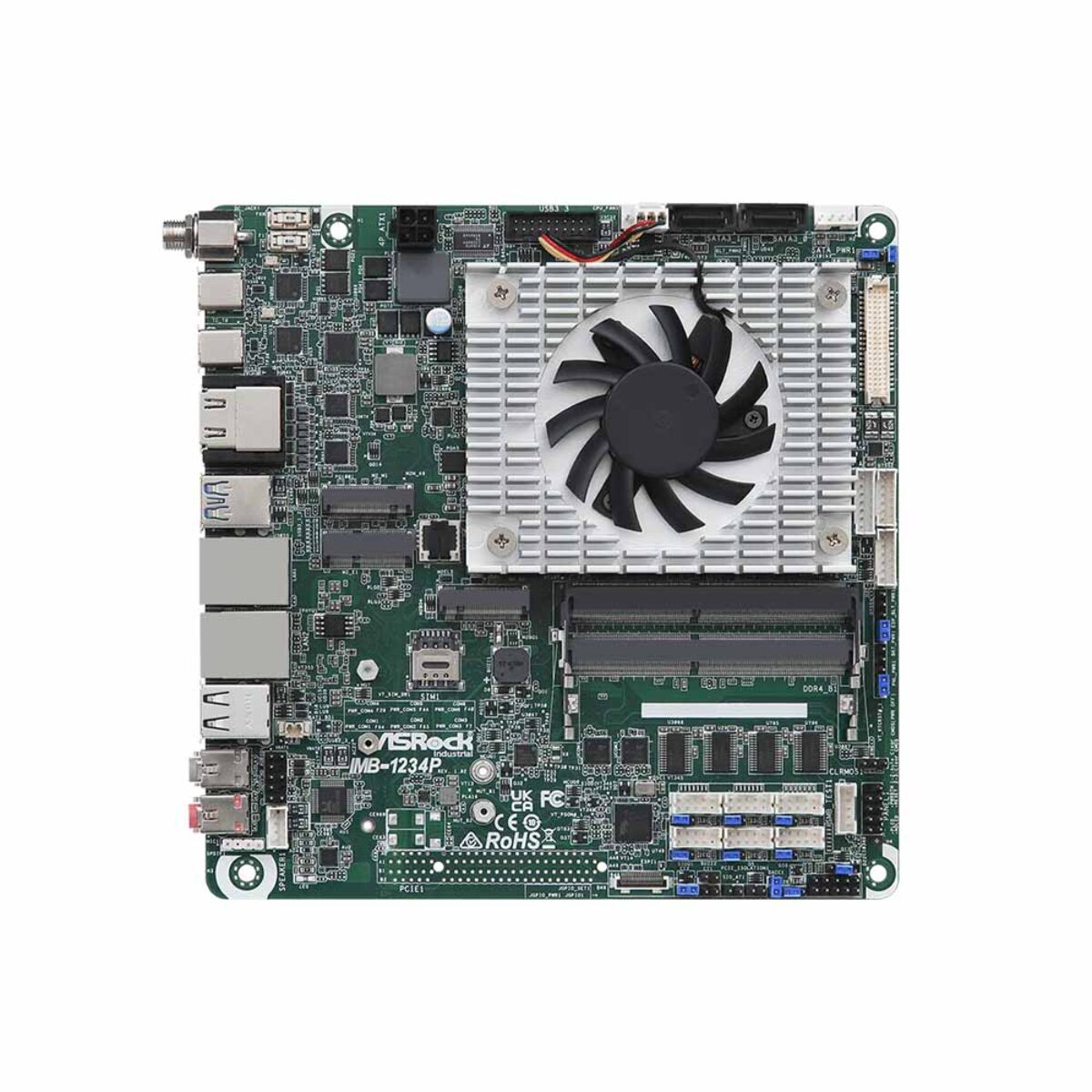ASRock Industrial IMB-1234 Mini-ITX motherboard, top view with fan-cooled heatsink and SO-DIMM slots