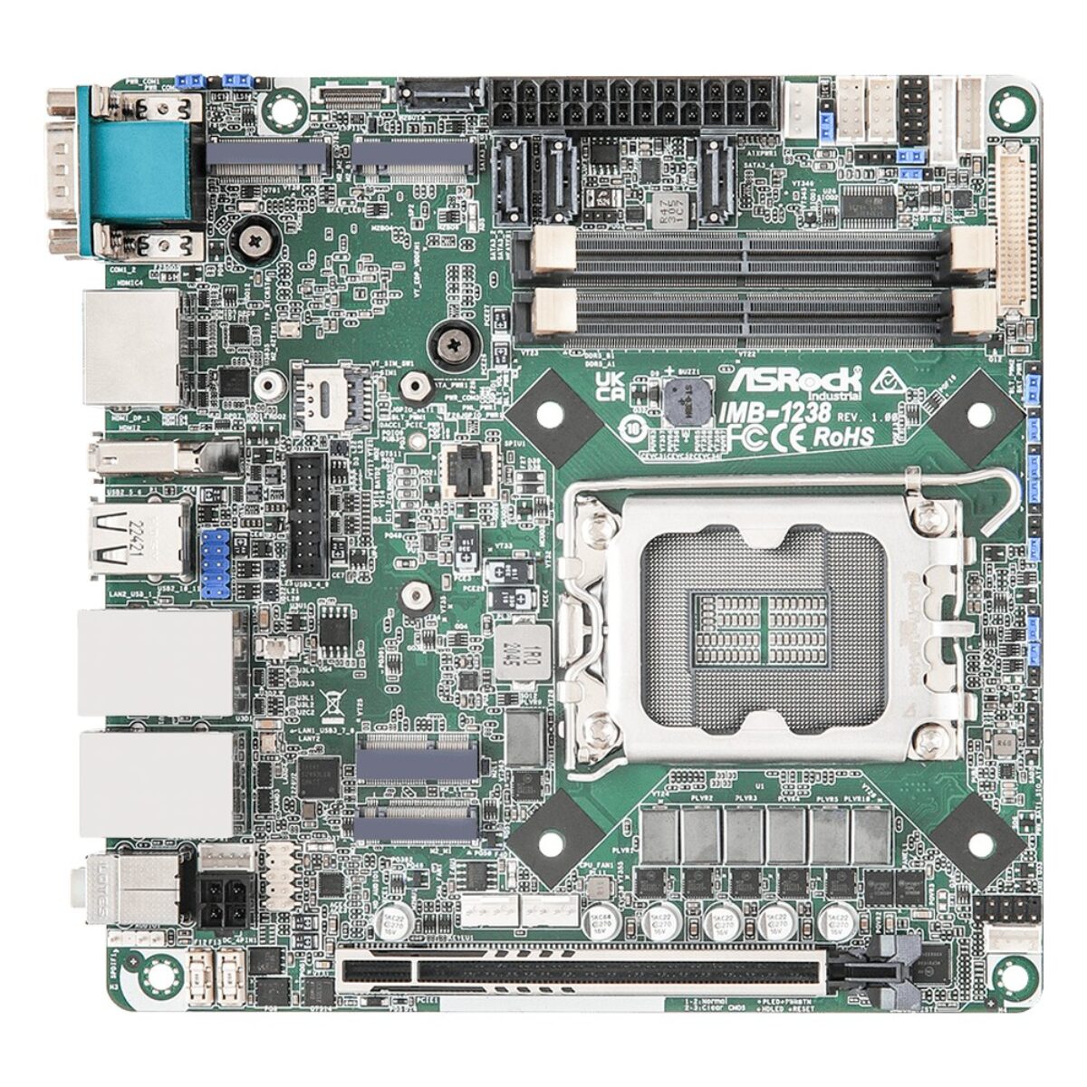 ASRock Industrial IMB-1238 top view of the Mini-ITX board with the LGA socket, memory slots, M.2 sockets and PCIe x16 slot