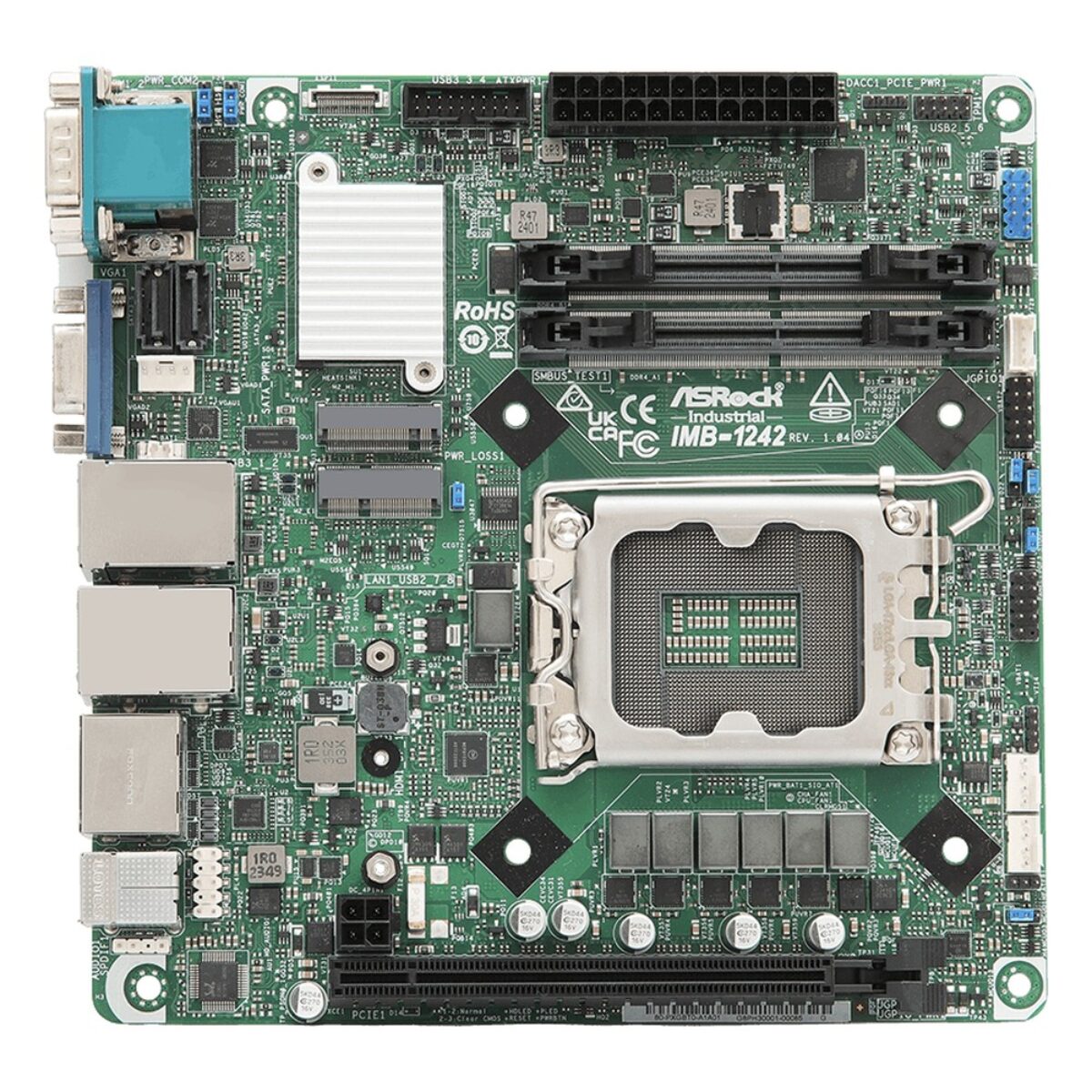 ASRock Industrial IMB-1242 top view of the Mini-ITX board with the LGA socket, memory slots, M.2 sockets and PCIe x16 slot