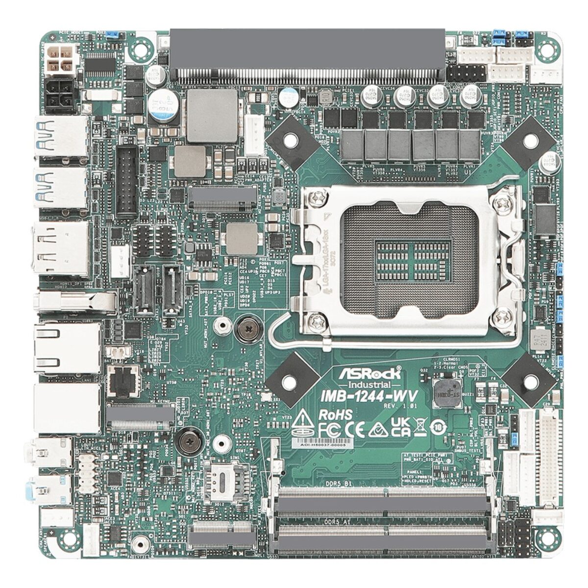 ASRock Industrial IMB-1244-WV top view of the Mini-ITX board with the LGA socket, memory slots, M.2 sockets and PCIe x16 slot
