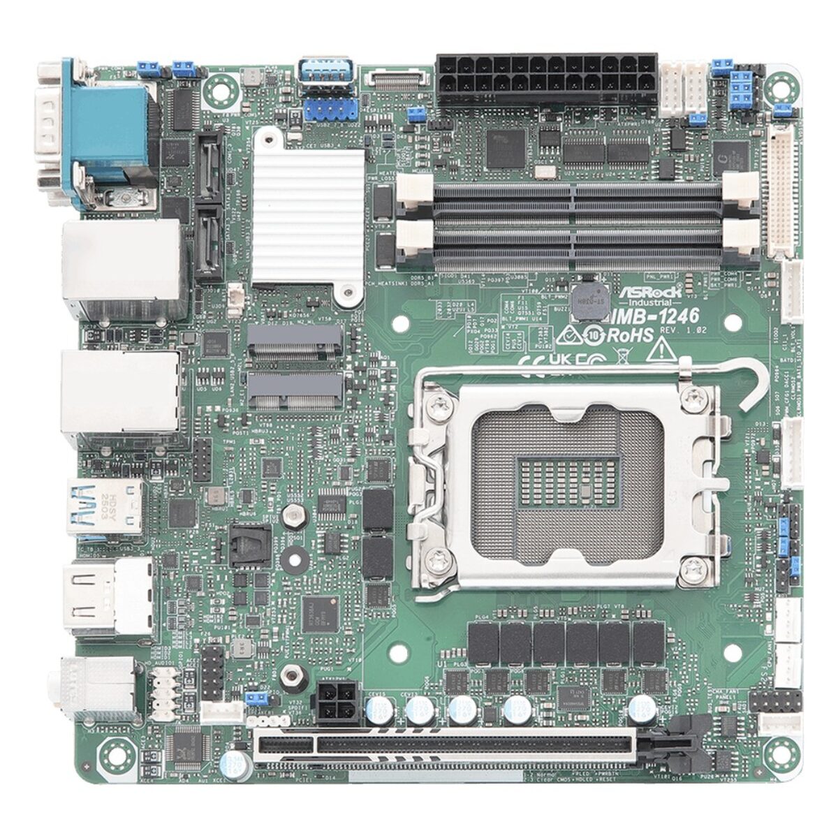 ASRock Industrial IMB-1246 top view of the Mini-ITX board with the LGA socket, memory slots, M.2 sockets and PCIe x16 slot
