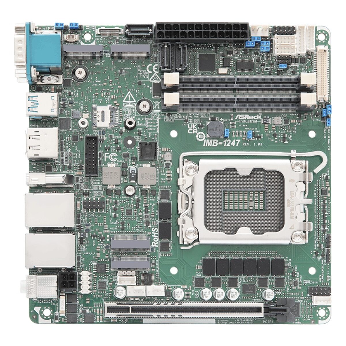 ASRock Industrial IMB-1247 top view of the Mini-ITX board with the LGA socket, memory slots, M.2 sockets and PCIe x16 slot