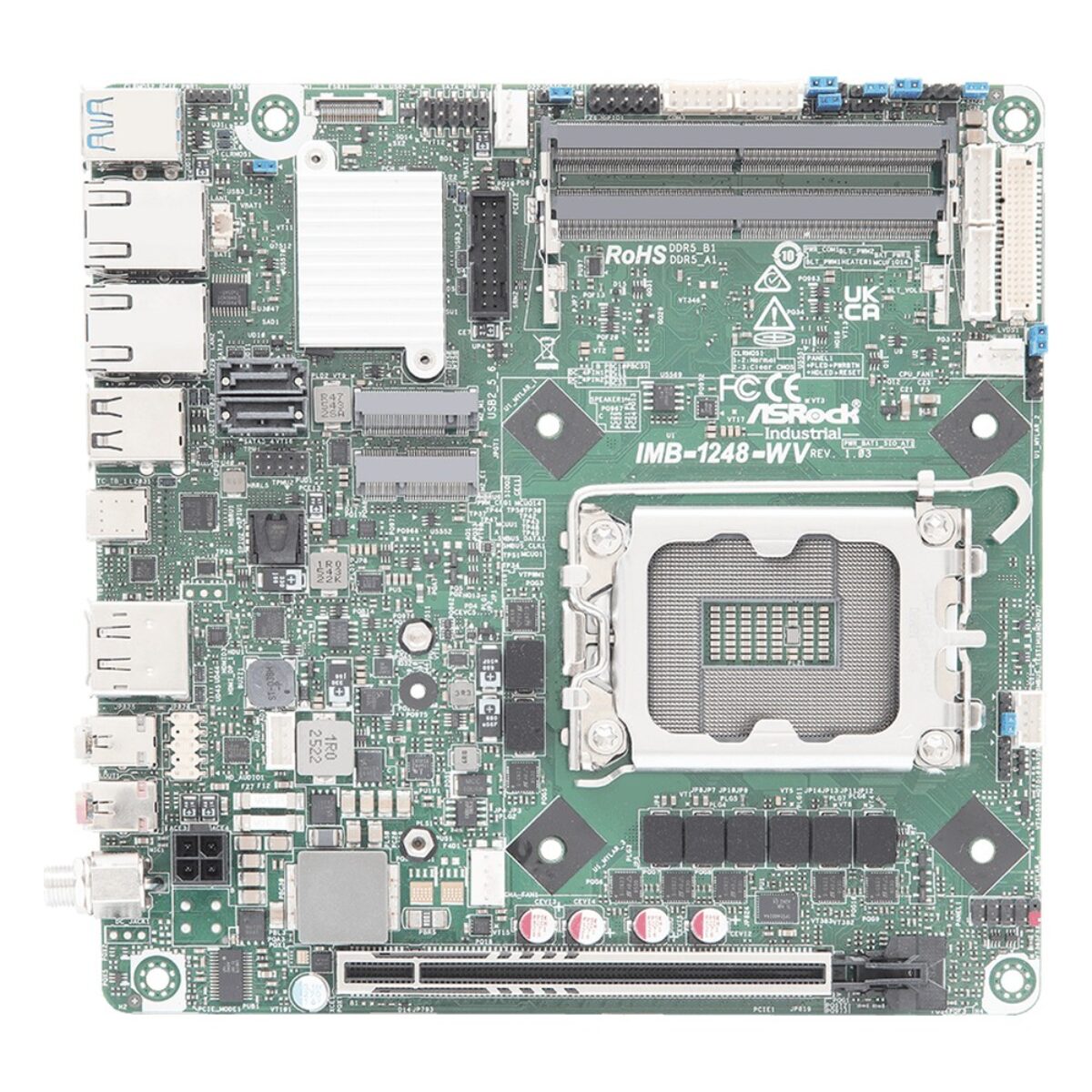 ASRock Industrial IMB-1248-WV top view of the Mini-ITX board with the LGA socket, memory slots, M.2 sockets and PCIe x16 slot
