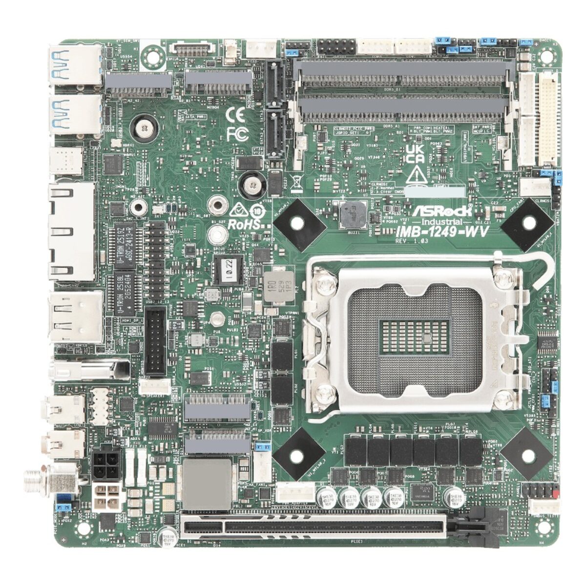 ASRock Industrial IMB-1249-WV top view of the Mini-ITX board with the LGA socket, memory slots, M.2 sockets and PCIe x16 slot