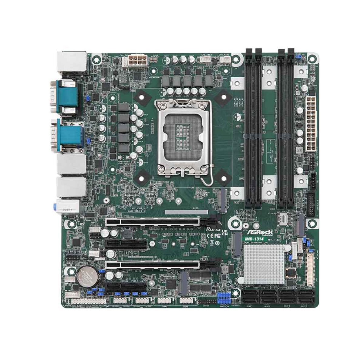 ASRock Industrial IMB-1314 Micro-ATX motherboard, top view with LGA1700 socket, four DIMM slots and PCIe slots
