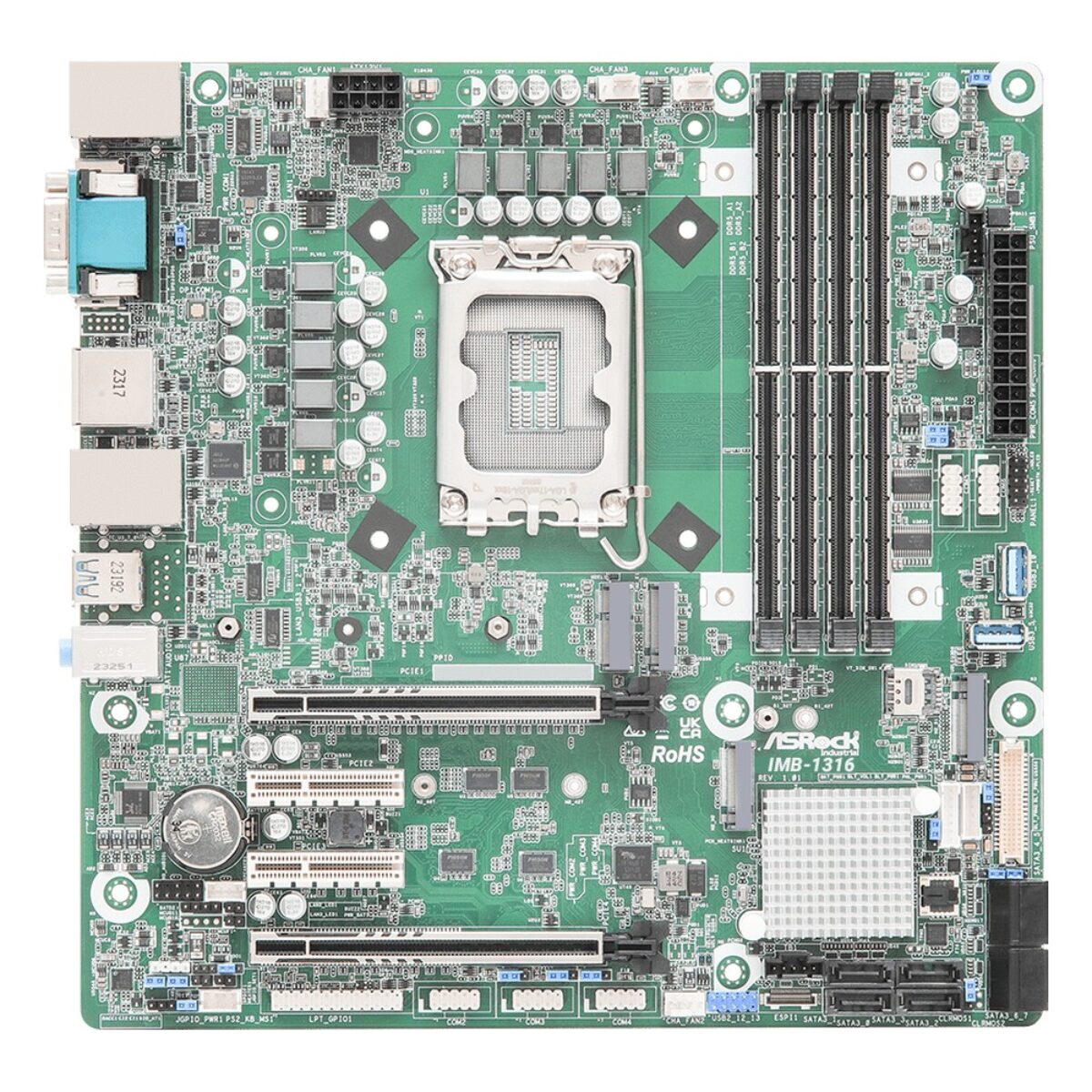 ASRock Industrial IMB-1316 top view of the Micro-ATX board with the LGA socket, memory slots, M.2 sockets and PCIe x16 slot