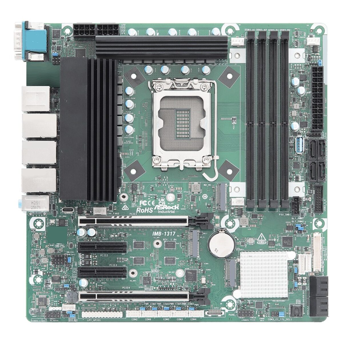 ASRock Industrial IMB-1317 top view of the Micro-ATX board with the LGA socket, memory slots, M.2 sockets and PCIe x16 slot