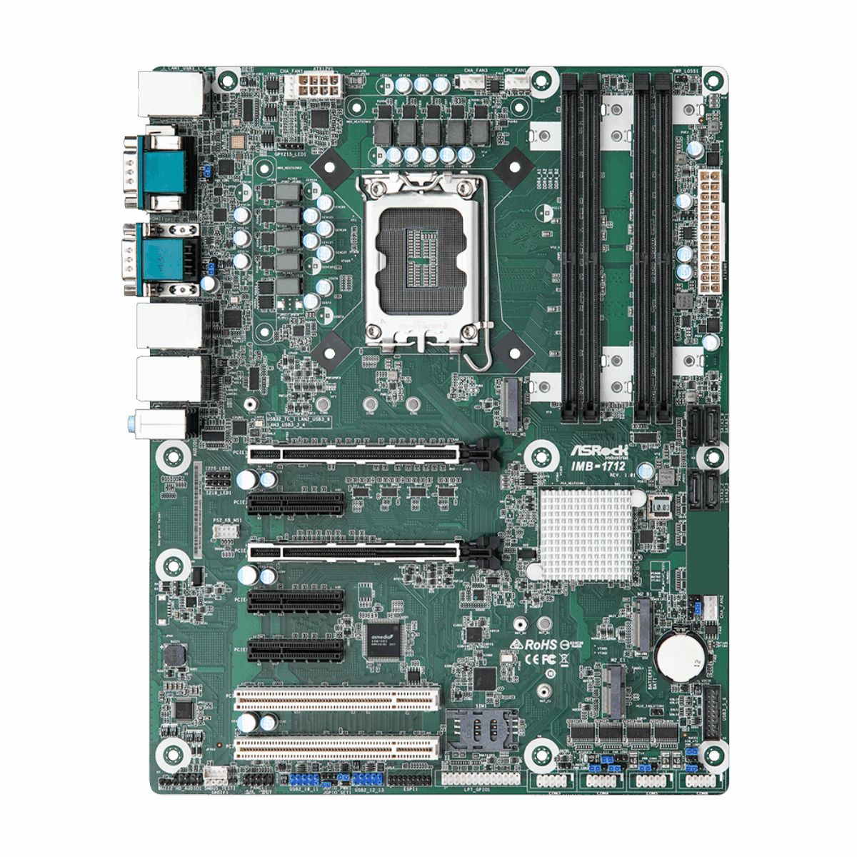 ASRock Industrial IMB-1712 ATX motherboard, top view with LGA1700 socket, four DIMM slots, PCIe and PCI slots