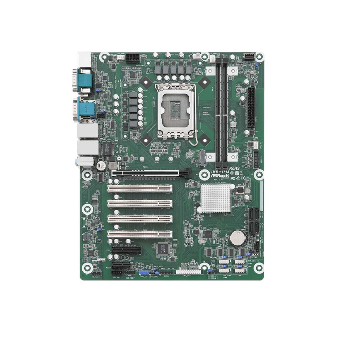 ASRock Industrial IMB-1713 ATX motherboard, top view with LGA1700 socket, PCIe x16 slot and four PCI slots