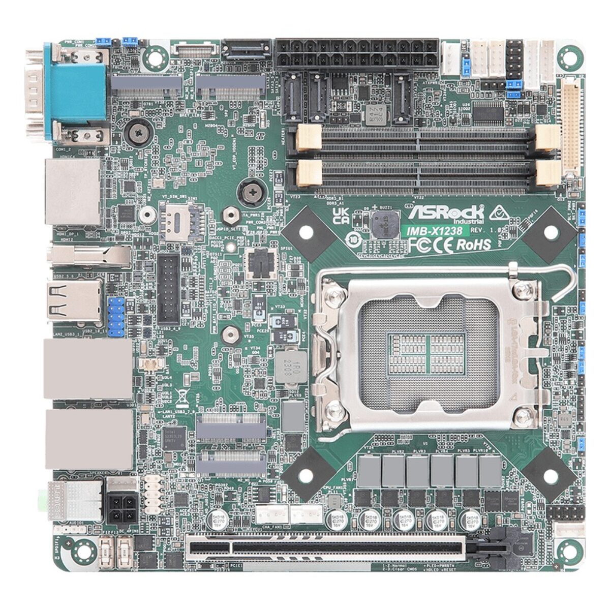 ASRock Industrial IMB-X1238 top view of the Mini-ITX board with the LGA socket, memory slots, M.2 sockets and PCIe x16 slot