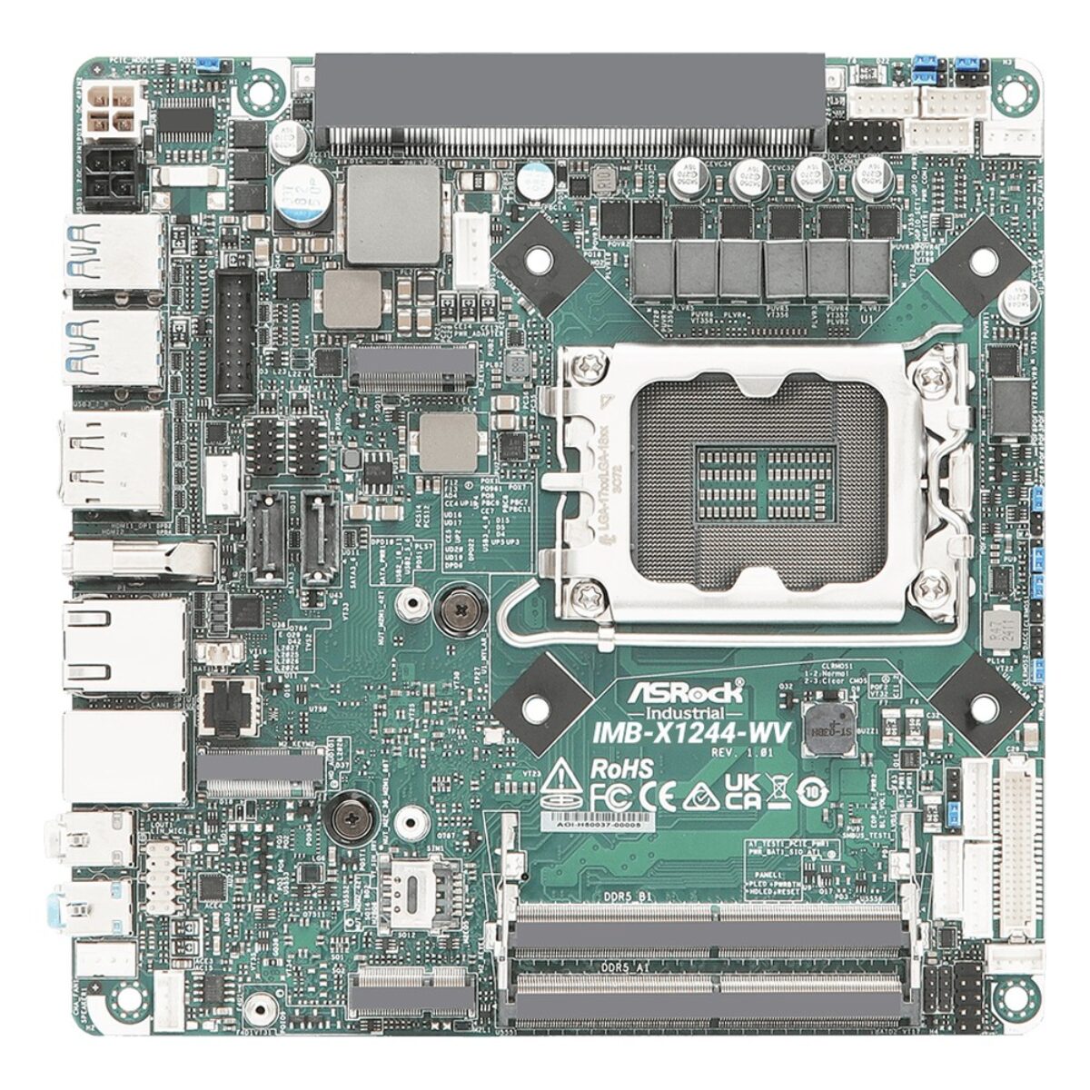 ASRock Industrial IMB-X1244-WV top view of the Mini-ITX board with the LGA socket, memory slots, M.2 sockets and PCIe x16 slot