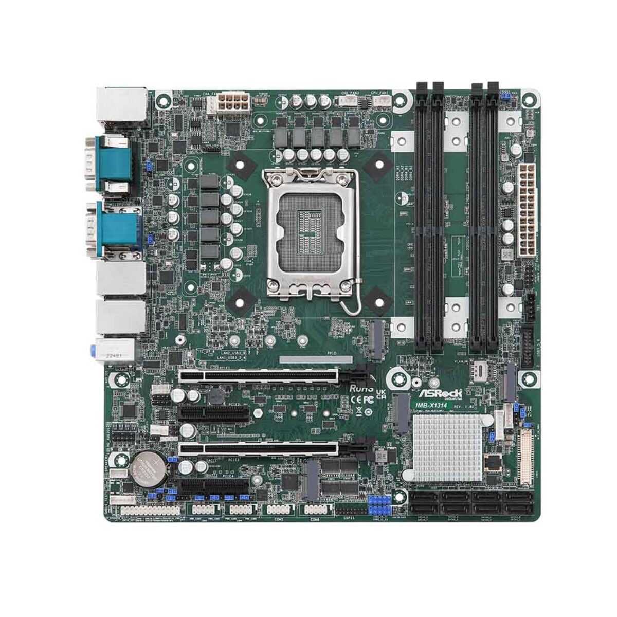 ASRock Industrial IMB-X1314 Micro-ATX motherboard, top view with LGA1700 socket, four DIMM slots and PCIe slots