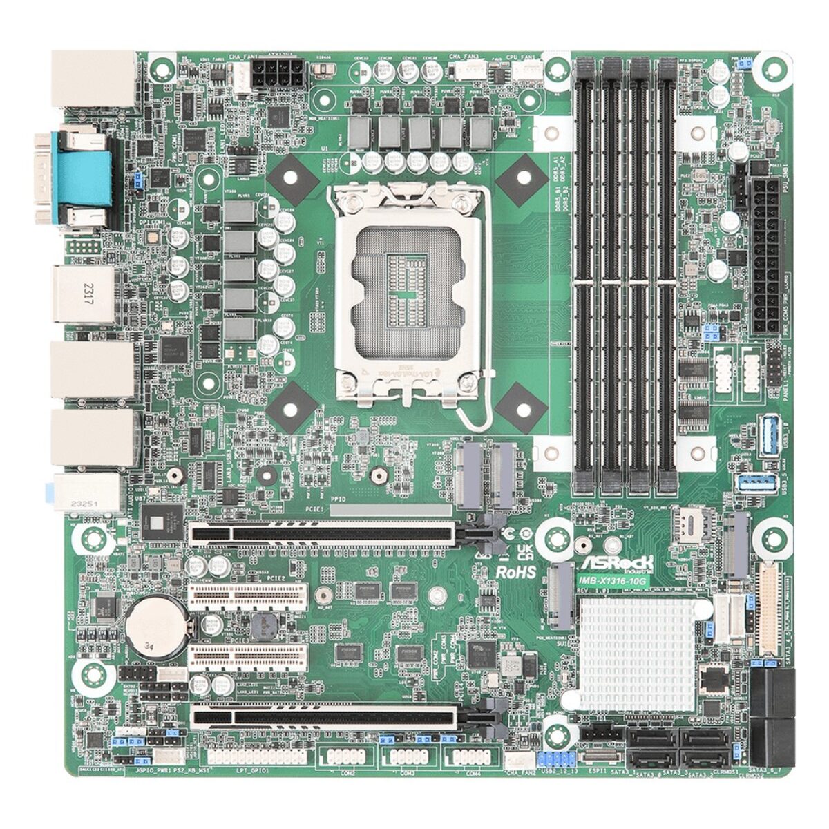 ASRock Industrial IMB-X1316-10G top view of the Micro-ATX board with the LGA socket, memory slots, M.2 sockets and PCIe x16 slot