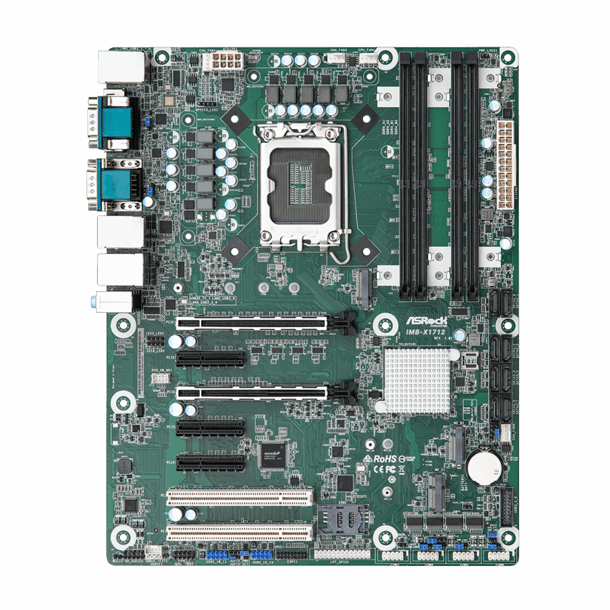 ASRock Industrial IMB-X1712 ATX motherboard, top view with LGA1700 socket, four DIMM slots, PCIe and PCI slots