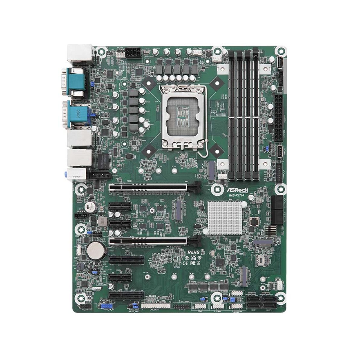 ASRock Industrial IMB-X1714 ATX motherboard, top view with LGA1700 socket, four DIMM slots and PCIe slots