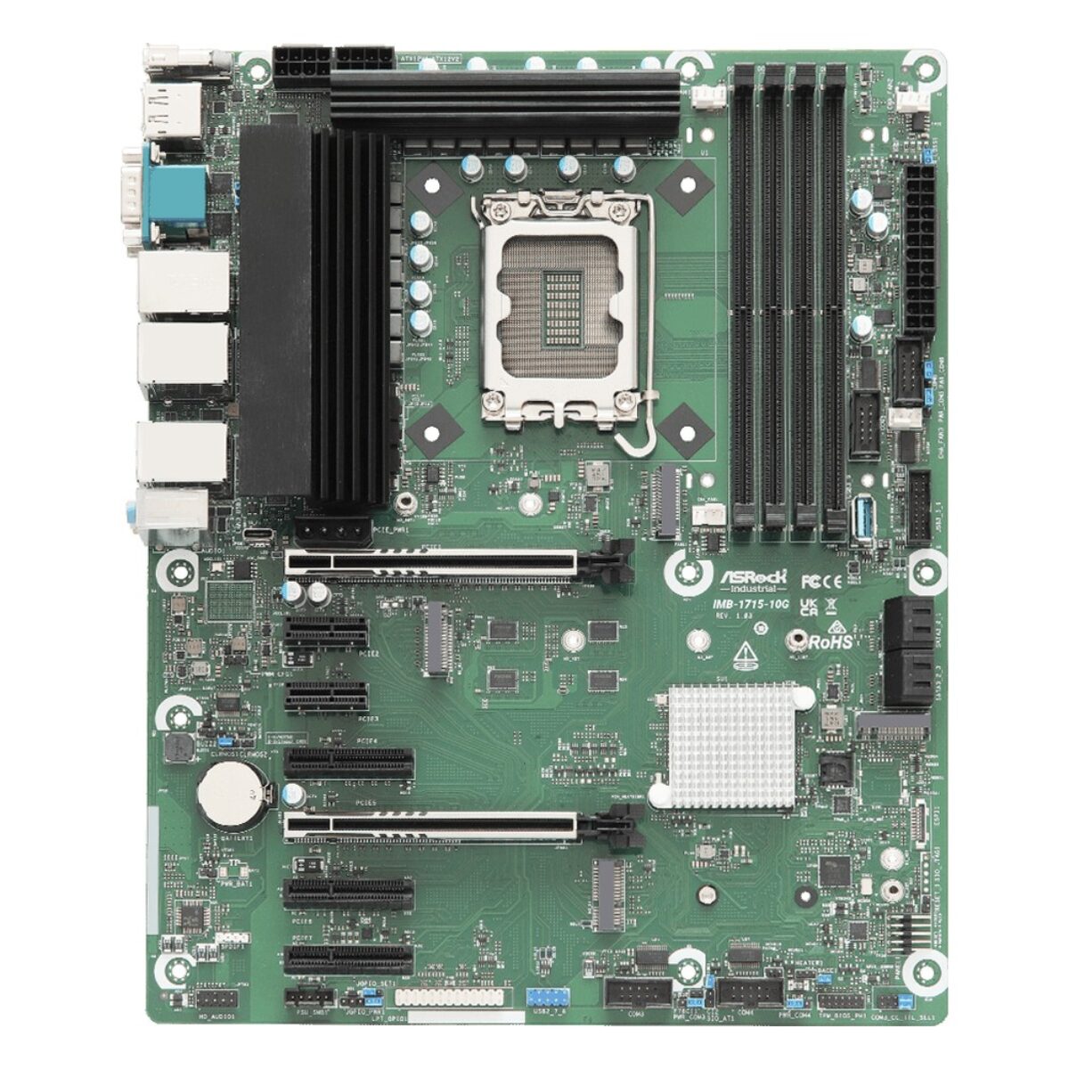ASRock Industrial IMB-X1715-10G top view of the ATX board with the LGA socket, memory slots, M.2 sockets and PCIe x16 slot