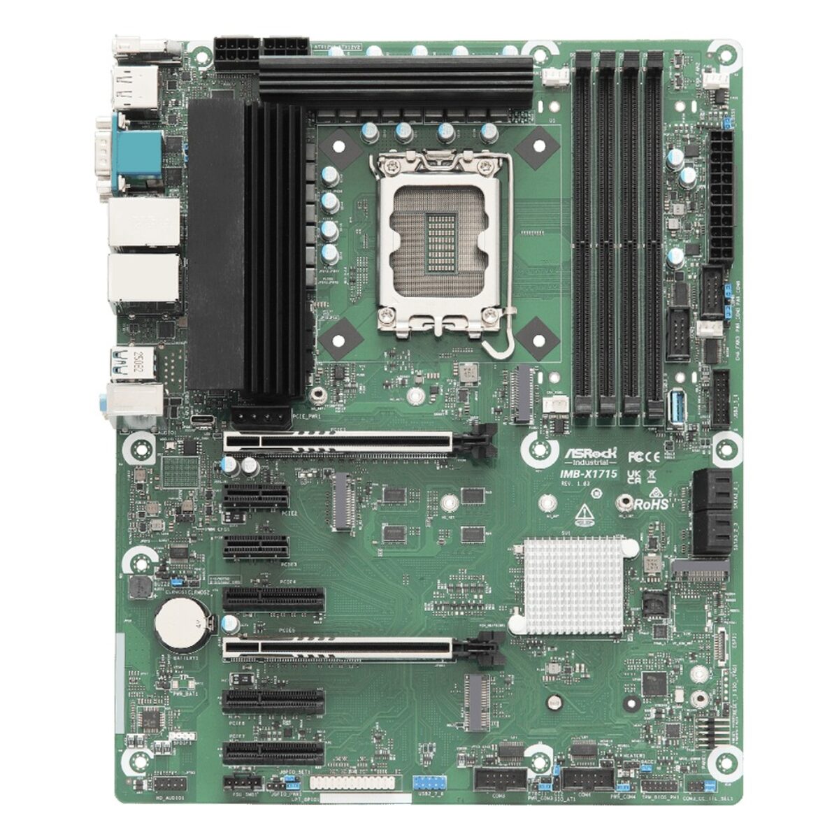 ASRock Industrial IMB-X1715 top view of the ATX board with the LGA socket, memory slots, M.2 sockets and PCIe x16 slot