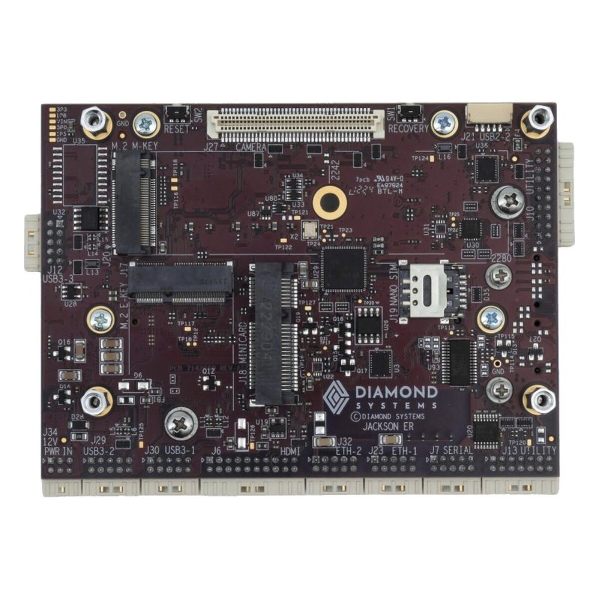 Diamond Systems JACKSON-ER rugged mini carrier board, top side with M.2, MiniCard, nano SIM and latching I/O, no module