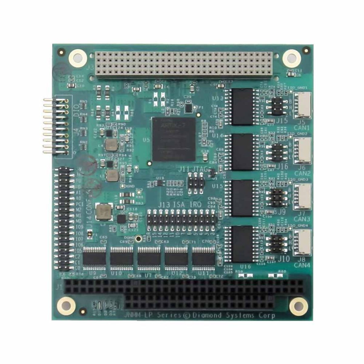 Diamond Systems JANUS-MM-LP PC/104 CAN bus module, top view of the four-port build with PCI connector and DIO header
