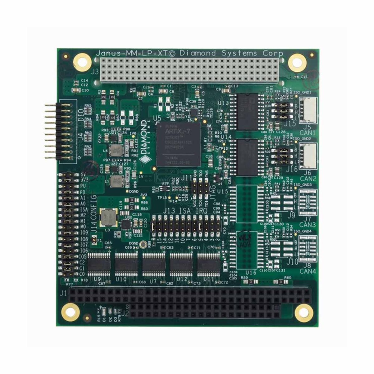 Diamond Systems JANUS-MM-LP PC/104 CAN bus module, top view of a two-port build with PCI connector fitted