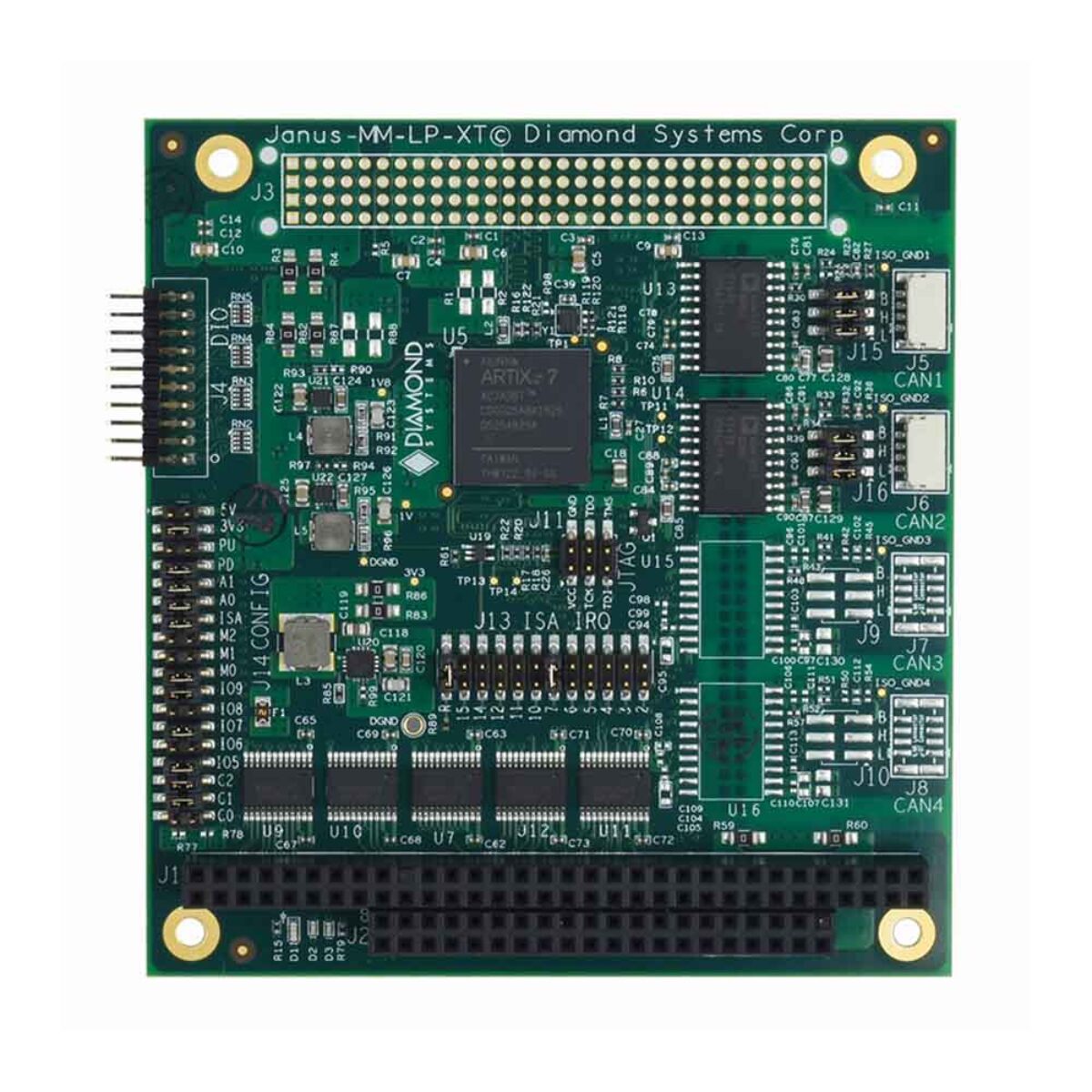 Diamond Systems JANUS-MM-LP PC/104 CAN bus module, top view of a two-port build without PCI connector