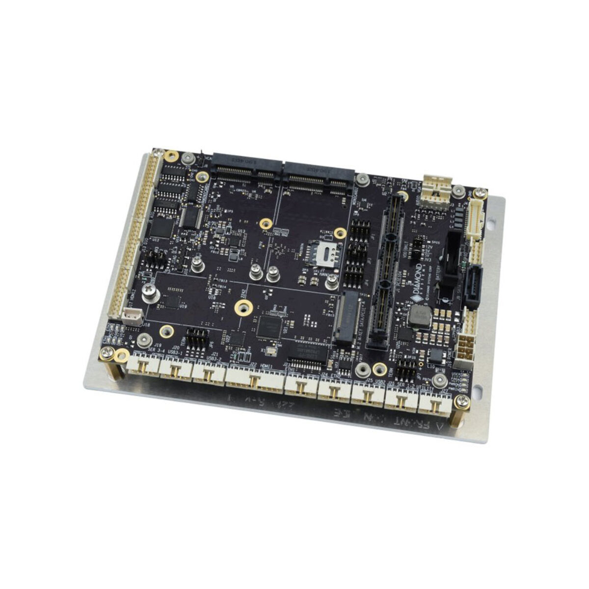 Diamond Systems JASPER COM Express board on its mounting plate, with latching connectors along the front edge